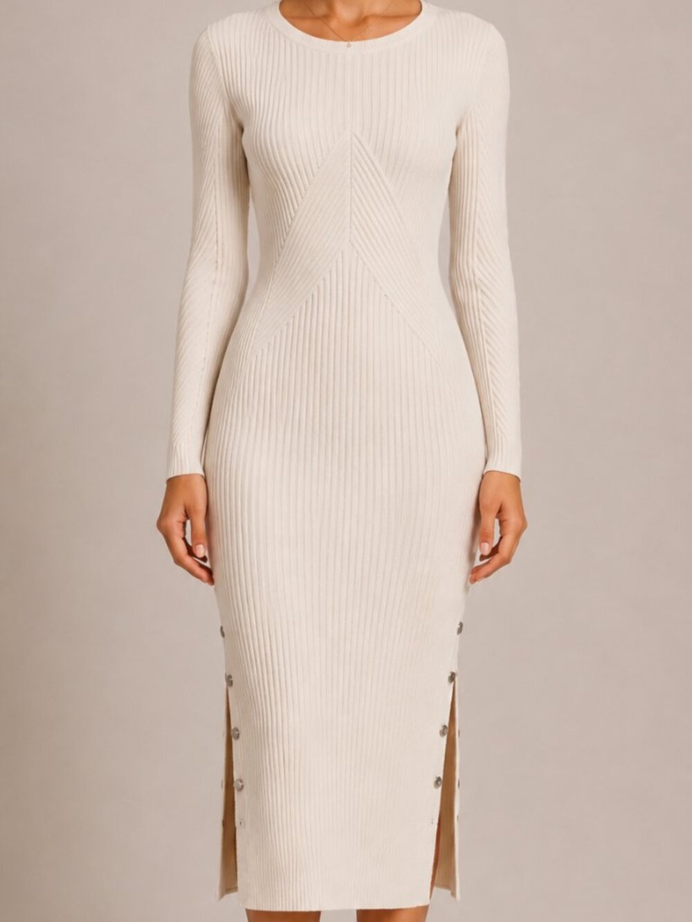GUESS Ivory Ribbed Knit Midi Sweater Dress Side Slit Small
